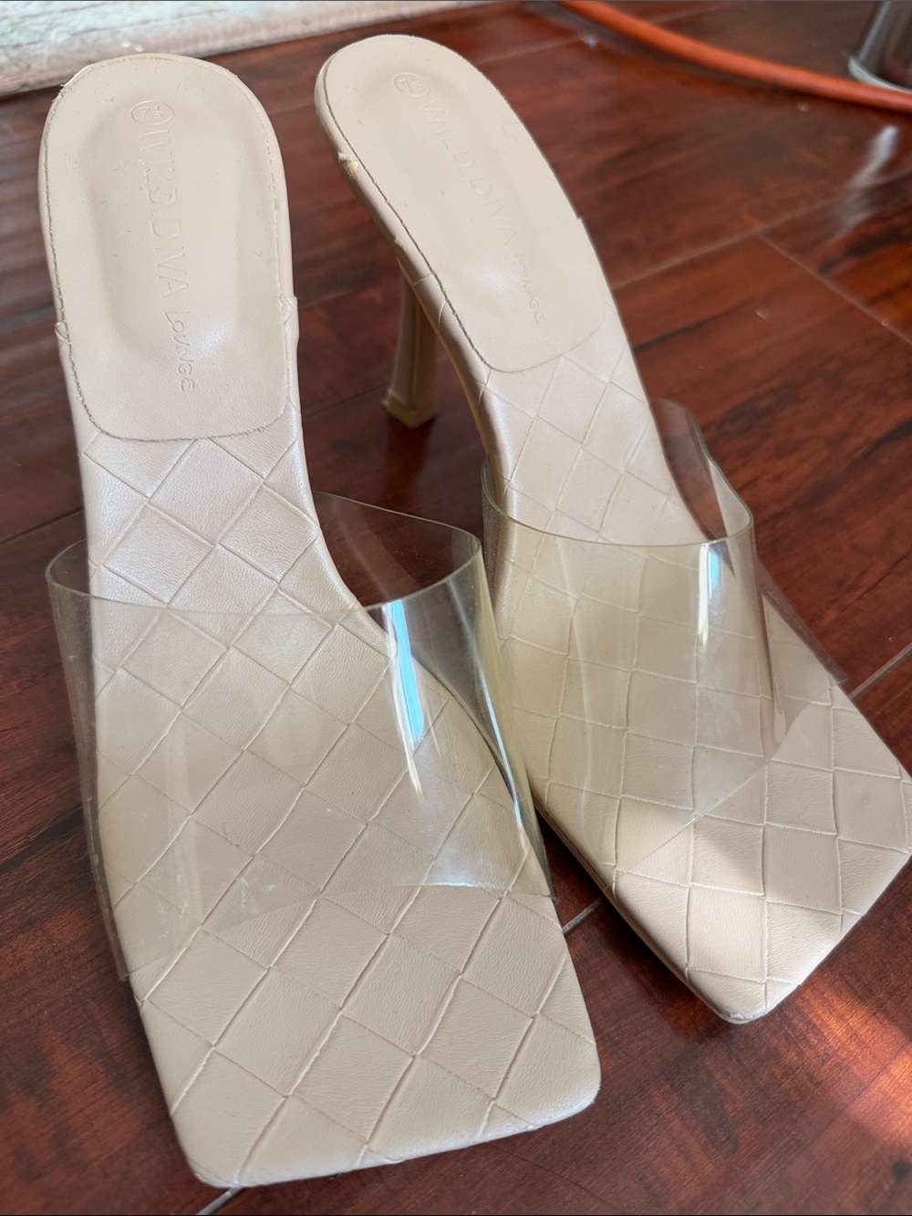 Neutral Beige Clear Strap Heeled Mules